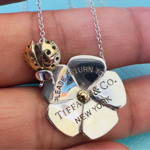 Tiffany & Co. Silver 925 & 18k Gold Love Bug Flower & Pendant Necklace 16-18” - Picture 7 of 10